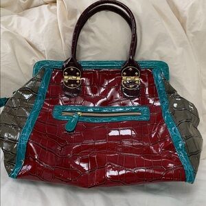 Glossy Multicolor Croc-Embossed XL Handbag burgundy olive teal brown gold